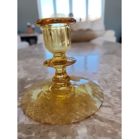 Amber Depression Glass Votive Holder With Etched Pattern - Picture 4 of 5